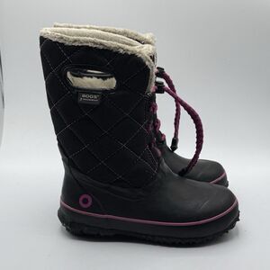Bogs Juno Lace Boots Girls Size 1 Black Purple Quilted Waterproof Faux Fur Lined